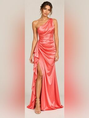 Ryanth Coral Satin One Shoulder Ruched Ruffle Slit Maxi Dress Size 0